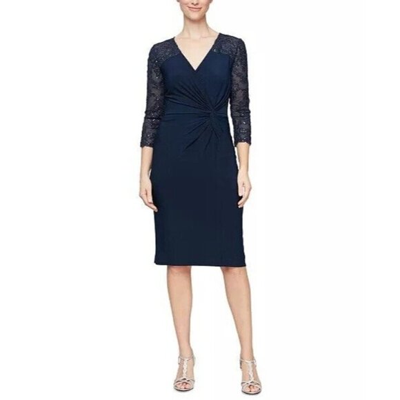 Alex Evening Womens Size 6 Navy Embellished Twist-Front Embroidered Sheath Dress - Picture 1 of 11